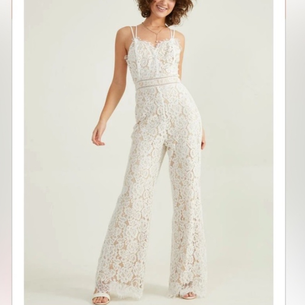 NWT ALTAR’D STATE Gabbie Lace Jumpsuit Wide Leg Bridal Wedding Bride Large White